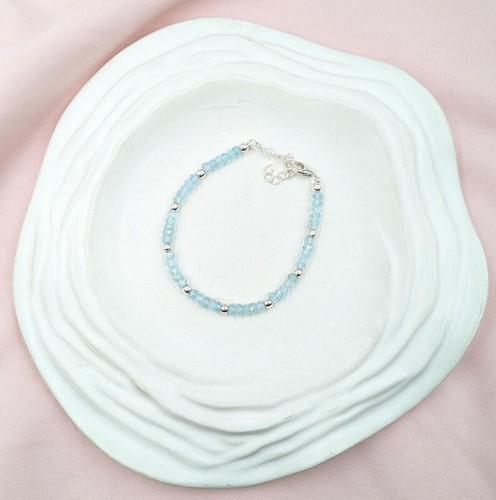 Blue Aquamarine 3-4MM Faceted Rondelle Gemstone Beaded Women Bracelet Gift 6-8" - Picture 9 of 12