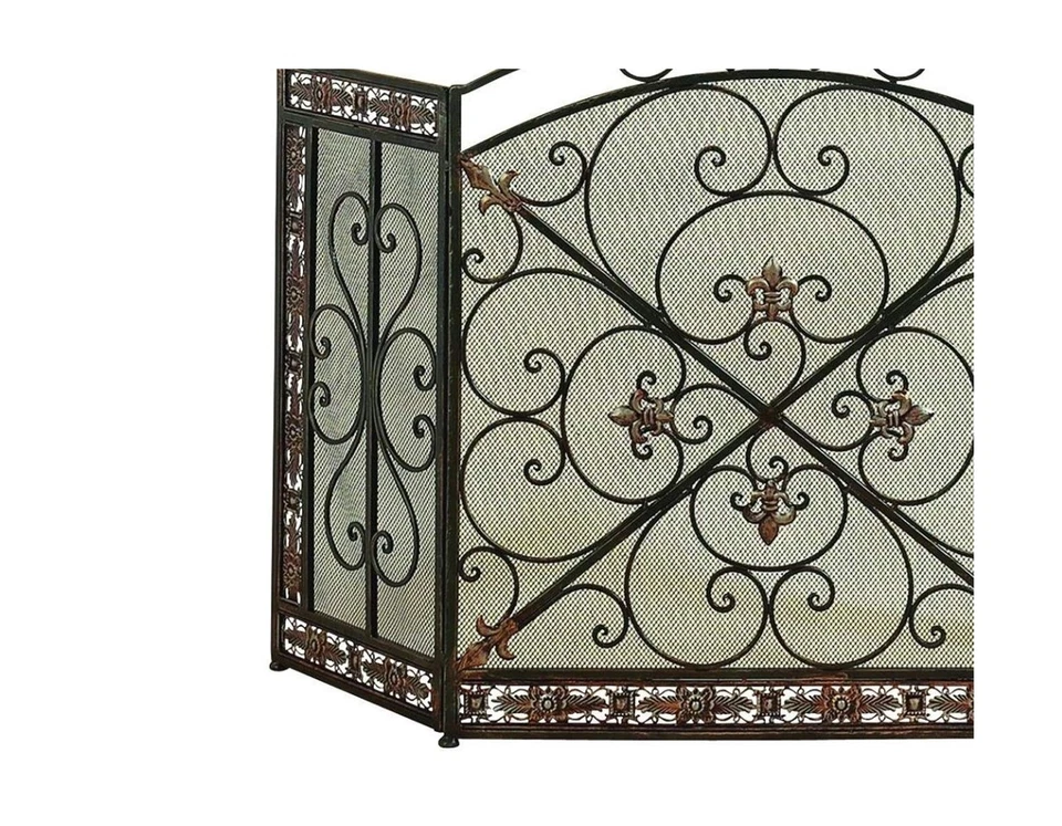 Pantalla de Fuego Tradicional de Metal de 3 Paneles con Diseño de Filigrana, Bronce, Negra Foto 3 de 4