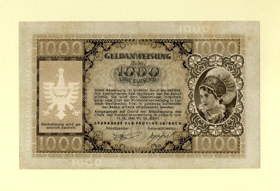 ESLOVENIA LAIBACH YUGOSLAVIA 1000 LIRAS 1944 P-R9 EN MUY BUEN ESTADO++ SERIE: MUY RARO Foto 2 de 2
