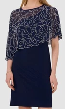 MSK Women's Blue Silver Embellished-Caplet Unlined USA Jersey Shift Dress Size M