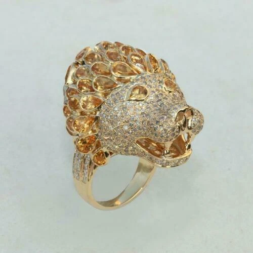 Anillo redondo de diamantes y morganita melocotón de 3 quilates con cabeza de león de oro amarillo de 14 quilates FN Foto 2 de 4