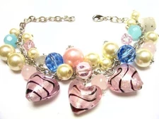 PINK FANCY HEART MURANO GLASS FAUX PEARLS CHARM BRACELET BR_SAS 127811
