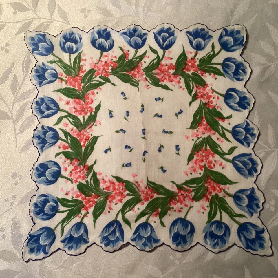 Pañuelo holandés azul festoneado vintage para damas rosa no me olvides Foto 3 de 4