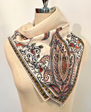 Cream, Olive, Blue  Salmon Paisley  Dot Vintage Scarf
