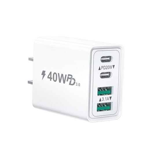 40W 4-Port USB C Wall Charger Fast Charging Block White 1-Pack