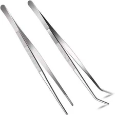 2 Pcs 12 Inch Long Handle Stainless Steel Straight and Curved Tweezers Nippers,
