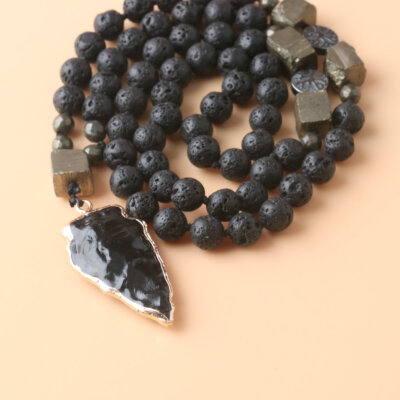 Lava Obsidian Beads Healing Strength Protection Arrowhead Men Necklace Talisman