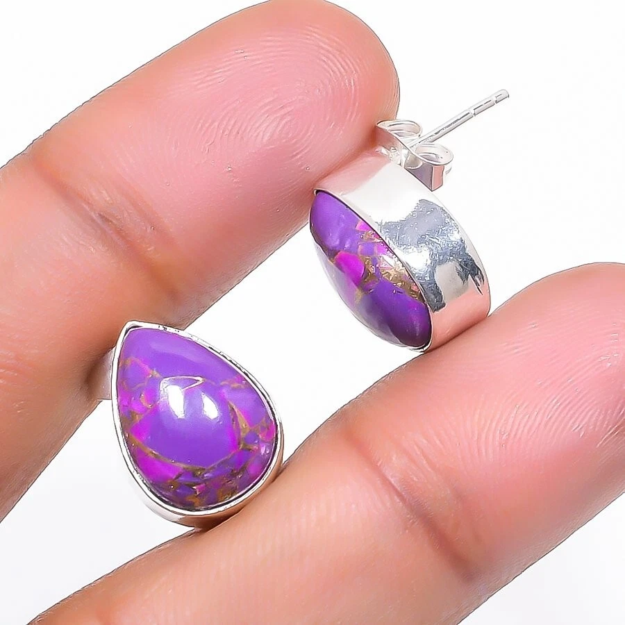 Copper Turquoise Gemstone 925 Sterling Silver Jewelry Stud Earring Size 0.75'' - Image 1 of 1