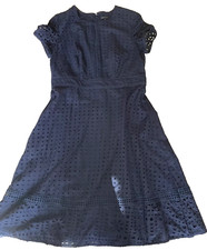 Ann Taylor Eyelet Lace A Line Dress Navy Blue Lined Short Sleeve Back zip Sz 0P
