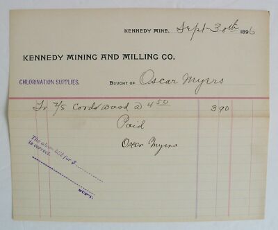 Antique 1896 Illustrated Billhead Oscar Myers Kennedy Mining Milling Co CA USA