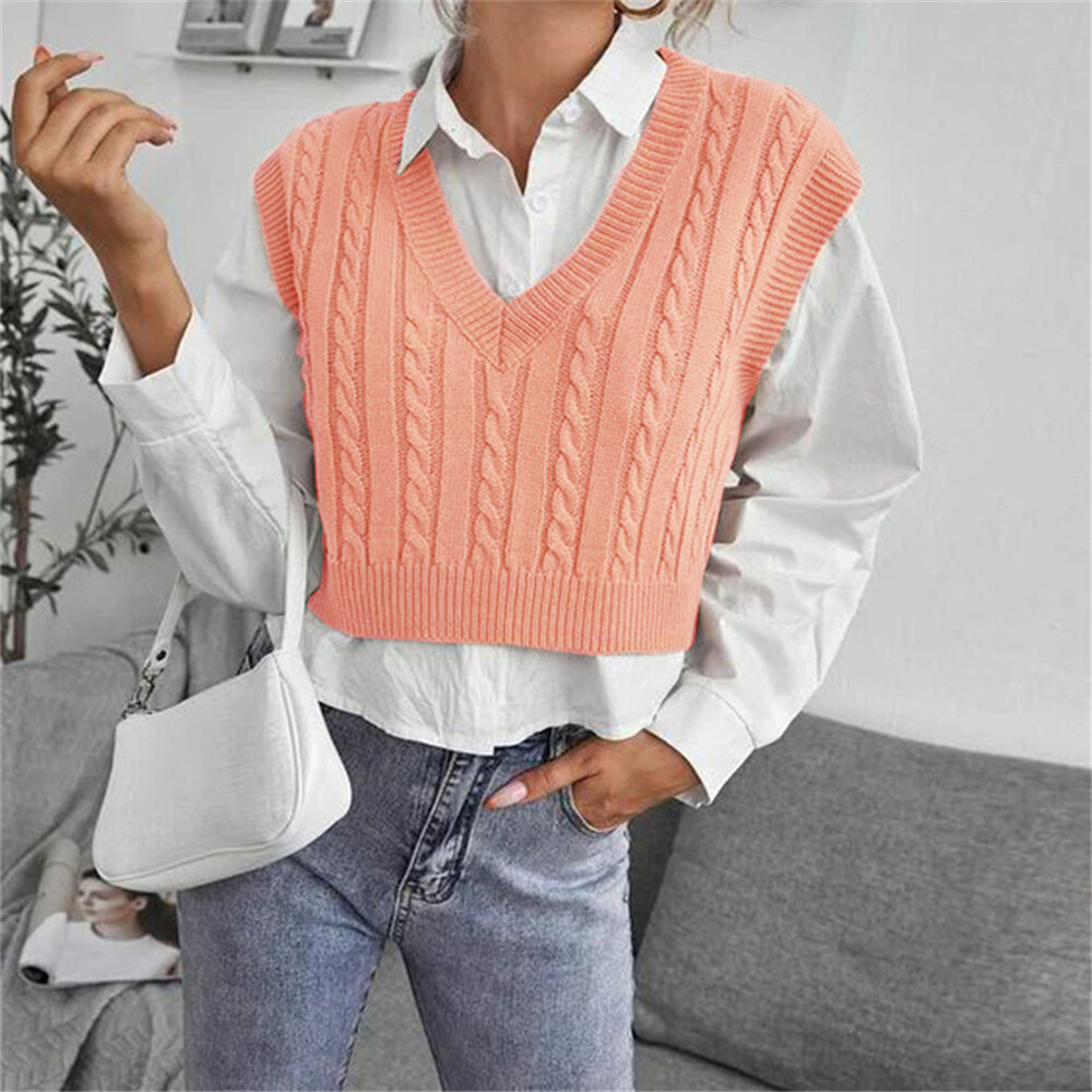 Women's V-Neck Knit Sweater Vest Solid Color Sleeveless Crop Knit