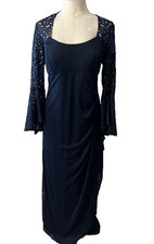 Xscape Dress Blue 16 Long Sequin Sleeves Lace Back Wedding Cruise Formal NEW