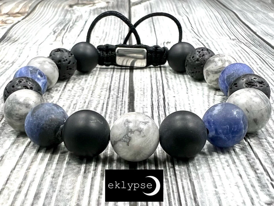 Pulsera unisex ajustable de macramé de 10 mm lava + ónix + jaspe + cuentas de piedras preciosas de sodalita Foto 4 de 4