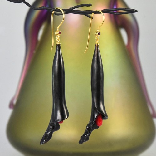 Flower Earrings Negro Cuerno, Rojo Coral, Rubí & Oro Vermeil Plata de Ley 5.64g - Imagen 10 de 14