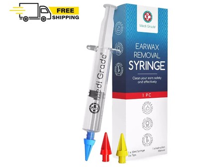 Medi Grade Ear Syringe Kit - Ear Wax Removal with 3 Quad-Stream Tips - Water-Bas