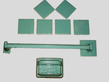 VTG 50-60's MCM 6 Tile Soap Dish Towel Bar Holder w Brackets Aqua Turquoise BLUE