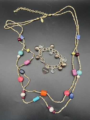 Collana CHICO'S perle pietre colorate tono oro 2 fili lunghi strati e bracciale - Foto 1 di 5