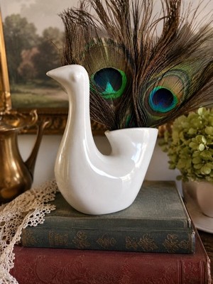 Vintage White Ceramic Bird Vase Planter MCM Japan Peacock Feather Display Decor