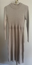 Alcedudu Ribbed Knit Sweater Dress Women’s L Beige Long Sleeve Mock Neck Pleated