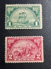 Timbre usa ,huguenot-walloon 1 et 2 cts, vert et rouge