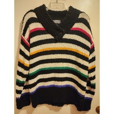 Gitano Vintage 80s Striped Knit Sweater Black White Multi Color Henley Shawl Lg