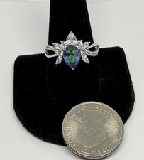 Vintage Blue Green Pear  Clear Czs Crown Sterling Cocktail Ring Size 10 1/4