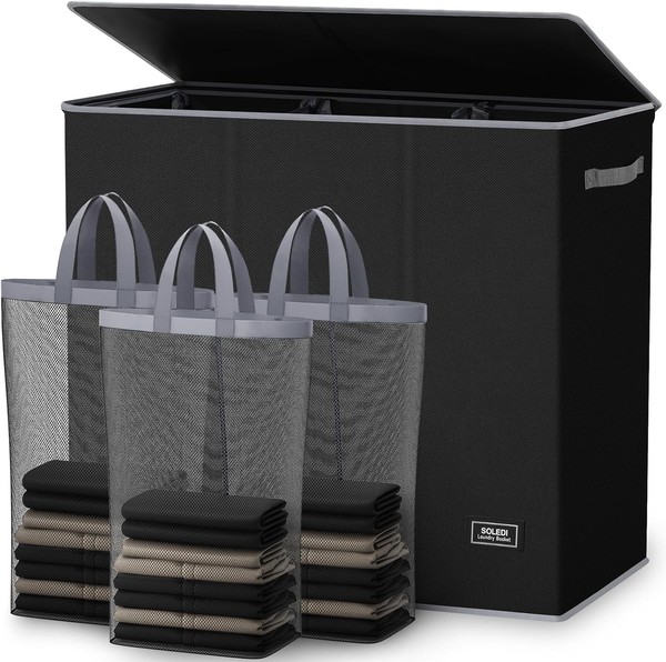 Soledi 180L WäSchekorb 3 FäCher Mit Deckel Xxxl WäSchesammler 3X60L FüR Zuhause-image