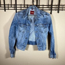 Vintage Express Jeans Blue Denim Jacket Size XS Extra Small Distressed