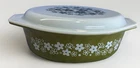 Pyrex Spring Blossom Flowers Casserole Dish w/Lid 1.5 QT Vtg Avocado Green Oval