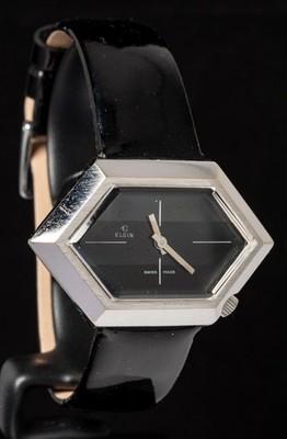 Elgin Hexagon Black Dial Diamond-Cut Men's Hand-Wind Vintage Watch -- Working