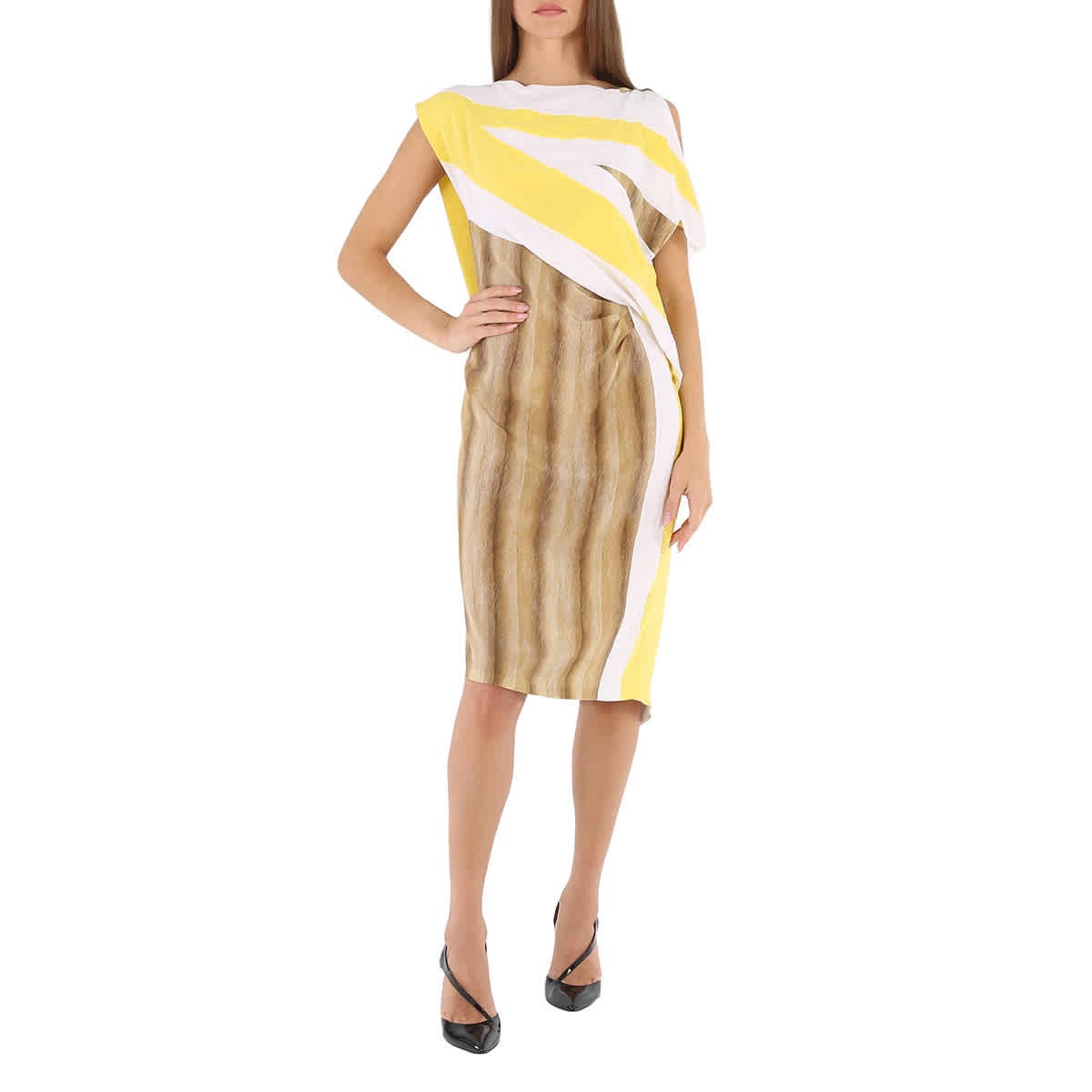 【送料&関税込】Burberry Graphic Print Asymmetric Dress Burberry Bright Straw Graphic-Print Boat Neck Asymmetric