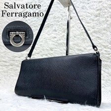 FERRAGAMO Accessory pouch Gancini Saffiano leather Black Vintage Auth From Japan