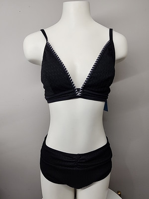 Nwt Cupshe Womens Two Piece Swimsuit Size M Black W/ White Stitching 