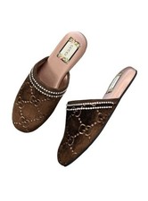 GUCCI Queen GG Dark Brown Velvet Mules Slippers with Crystals Size 38 NIB