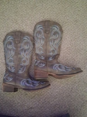 Roper Womens Western Leather Boots Brown Blue Stitching Leather Sole Size 7
