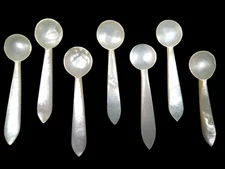 Set 7 Antique Mother of Pearl Shell Caviar Miniature Spoon Victorian Open Salt