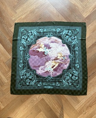 Vintage Pierre Balmain Seidentuch Barock Cherub Print grün groß quadratisch 35''