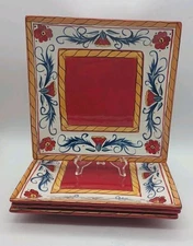 Tabletops Unlimited Italiano Square Dinner Plates Set Of 4 Red Blue Floral