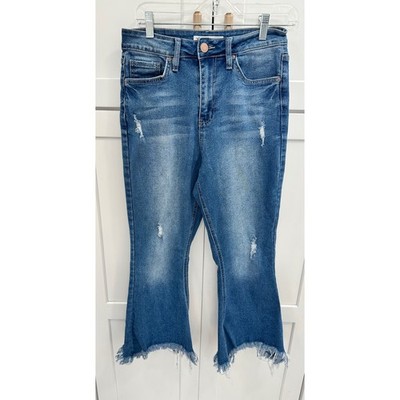 YMI Dream High Rise Flare Jeans Distressed Raw Hem Medium Wash Blue Size 11/30