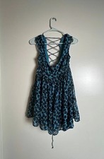 Urban Outfitters Justine Lace Up Blue Mini Dress Babydoll Floral Lined SZ Small