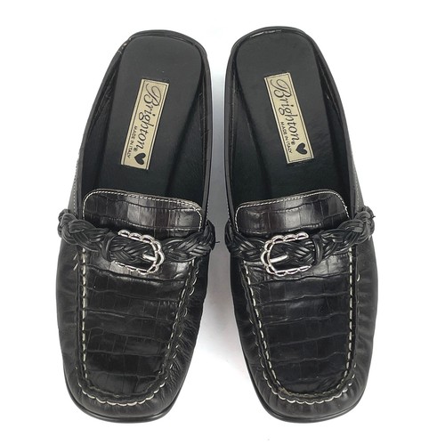 Brighton Womens Andie Mules Sz 7M Black Leather Croc Embossed Made in Italy - Picture 7 of 14