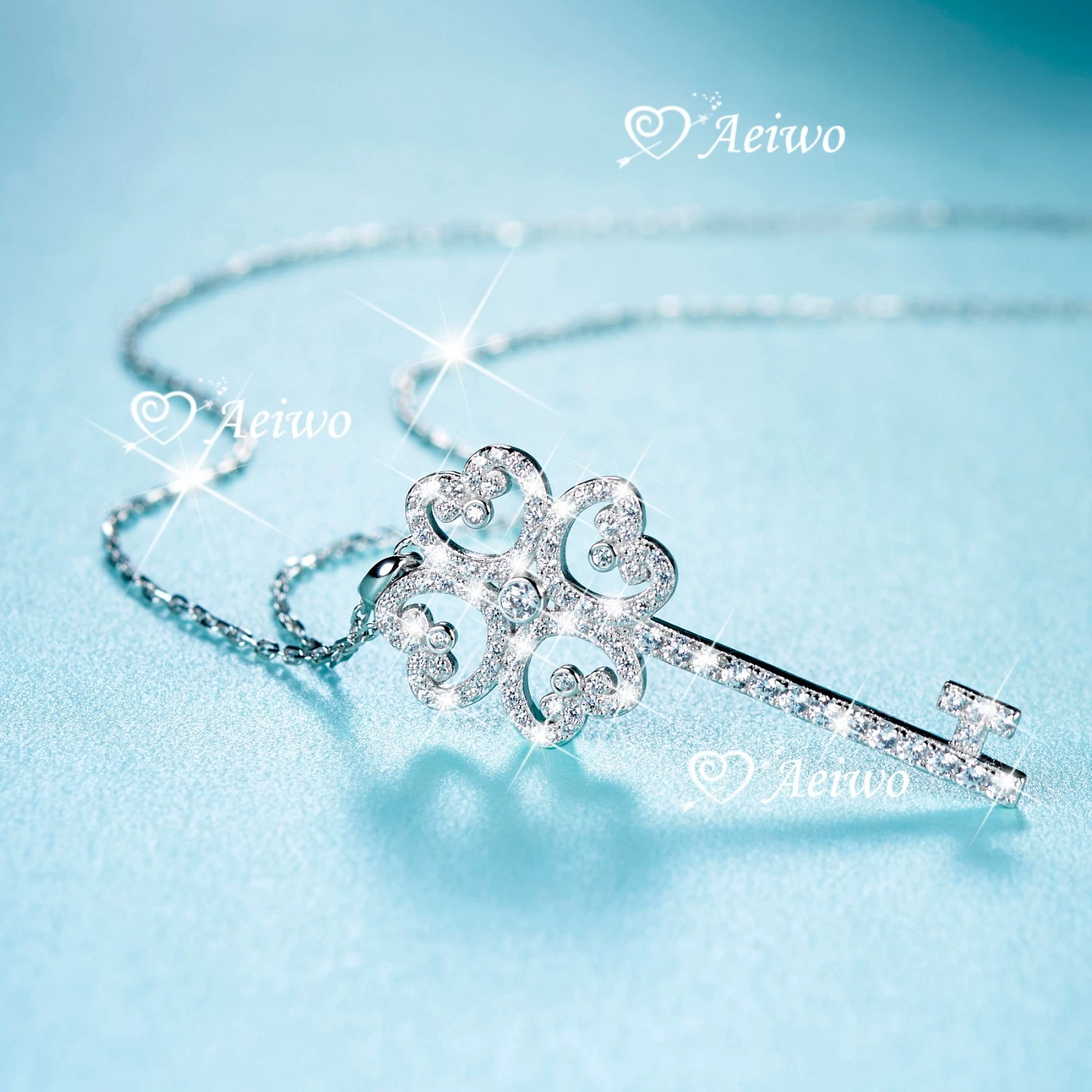 925 sterling silver simulated diamond pendant chain necklace Love heart key 38cm image 1