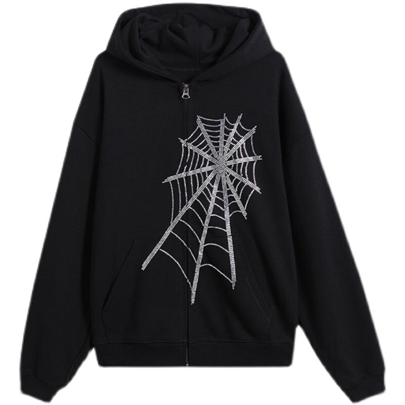 Lady Hooded Sweatshirt Coat Jacket Spider Web Diamond Gothic