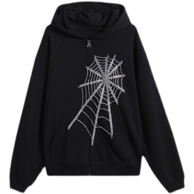 Women Hooded Sweatshirt Coat Jacket Spider Web Diamond Gothic Punk