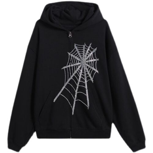 Women Hooded Sweatshirt Coat Jacket Spider Web Diamond Gothic Punk Harajuku - Picture 12 of 13