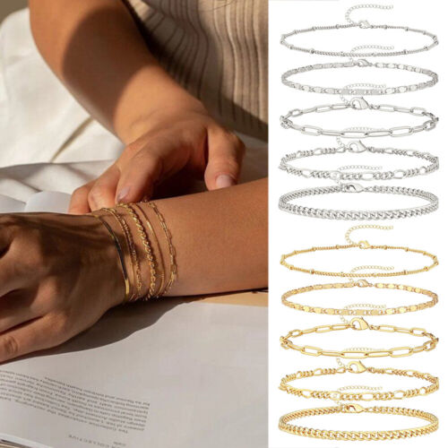 6Pcs/Set Multilayer Stainless Steel Bracelet Men's Women's Wristband Snake Chain - Foto 3 di 18