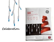 GE Icicle-Style Lights String-A-Long 300ct, Blue Light, 13.2 Ft long, White Wire
