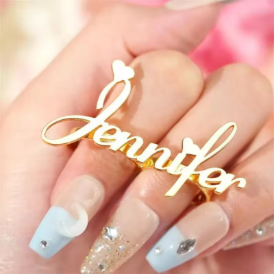 Custom Two Three Finger Name Ring Heart Personalized Jewelry Women Adjustable