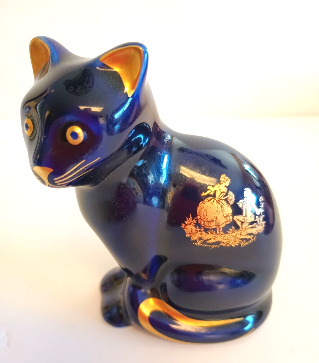 Limoges Castel France Cobalt Blue Porcelain Cat Kitten 3.75