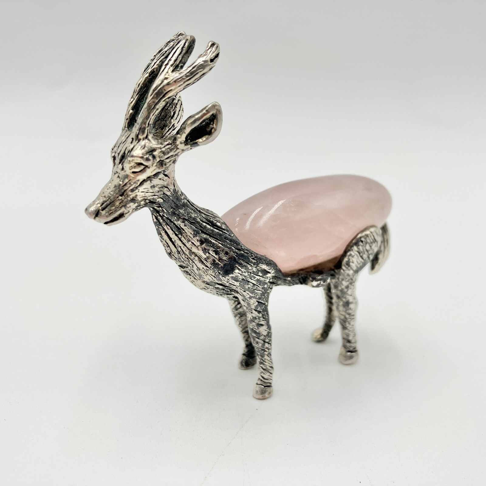 Vintage Cast Metal Deer Figurine w Rose Quartz Inlay Mini Woodland Decor